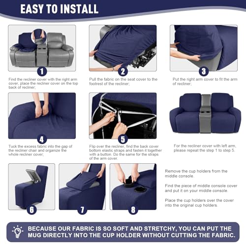 Image of KinCam Loveseat Recliner Covers with Middle Console Slipcover, Recliner Sofa Covers 2 Seat Couch Cover Stripe Jacquard Furniture Protector Covers with Elastic Bottom for Kids, Pets (Dark Blue)