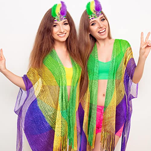 Bencailor 2 Pcs Mardi Gras Shawls Wraps Feather Headband Set Women's Long Poncho Cape Mardi Gras Yellow Green Purple Headwear and Cape(Vibrant)2