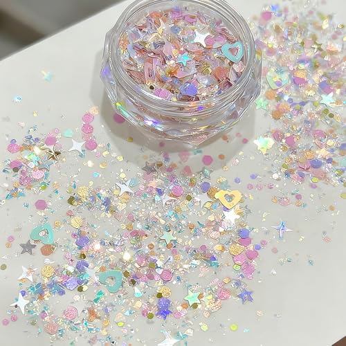 2 Boxes Colorful Heart Star Glitter for Nails Aurora Pink Nail Glitter Flakes Sparkling Diamond Sequin Nails Charms Nail Sequins Heart Star Glitters Craft Sequins for Crafts Manicure Decorations