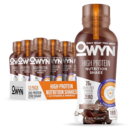 Image of OWYN Only What You Need High Protein Shake, Chocolate Flavored, 26g Protein, 0g Sugar, 3g Fiber, Dairy Free, Plant Based Protein Drink, 12 Count