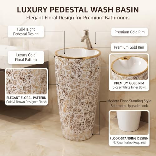 Image of InArt Freestanding Pedestal Wash Basin for Bathroom, Luxury Floor Standing Ceramic Basin with Gold Rim and Floral Pattern, 15 x 15 Inch Bowl, 34 Inch Height, White & Gold