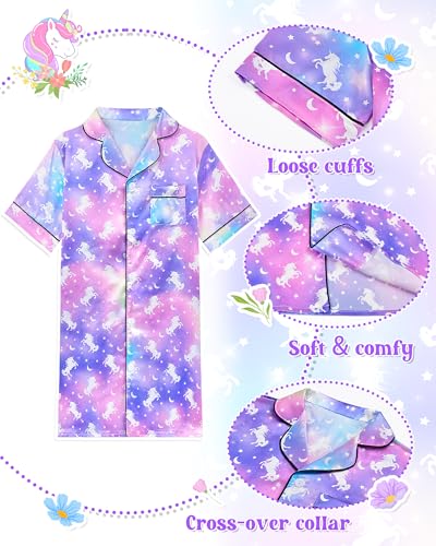 Sylfairy Girls Silk Nightgown Kids Satin Pajamas Short Sleeve Button Down Nightshirt Sleepwear Night Dress size 4-104