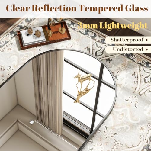 Image of VooBang Arched Wall Mirror, 26 x 28 inch Arch Bathroom Mirror, Wall Mounted Vanity Mirror with Arch Metal Frame, Modern Bathroom Vanity Mirror for Bedroom, Living Room, Hanging or Leaning, Black
