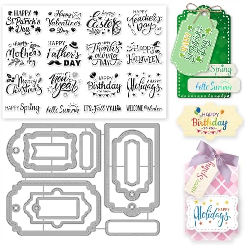 INFUNLY Word Clear Stamps and Dies for Card Making Blessing Words Cutting Die and Stamp Set Happy Easter Stamps for DIY Craft Holiday Tag Die Cuts Spring Rubber Stamps for DIY Scrapbooking