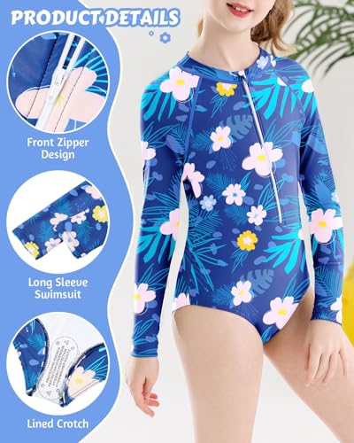 Century Star Long Sleeve Swimsuit Girls Toddler Kids Teen Rash Guard One Piece Bathing Suit Cute Swimwear UPF50+ Zipper 2-15Y4