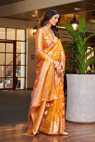 Image of SWORNOF Women's kanjivaram banarasi silk saree Zari Woven for festival Wedding silk with rich pallu Design sarees for women with Unstitched blouse piece (YELLOW)