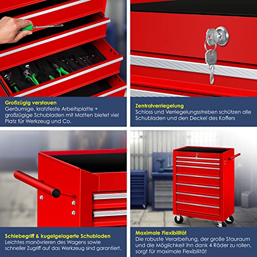 Masko® Werkstattwagen - 7 Schubladen, rot ✓ Abschließbar ✓ Massives Metall | Mobiler Werkzeug-Wagen ohne Werkzeug | Profi Werkstatt-Wagen | Rollwagen zur Werkzeugaufbewahrung mit Schloss | – Bild 5