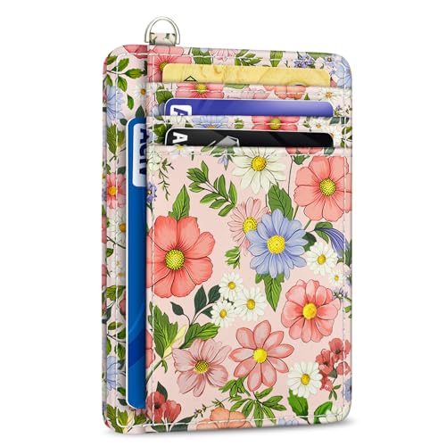 Image of Yonlevres Floral Credit Card Holder Slim RFID Wallet Women Small Travel | Front Pocket, Handy, RFID Blocking, Woman Girls Ladies Gifts, D-ring for Keychain,Thin Mini Card Case, ID Window, PU Leather