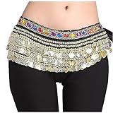 Belly Dance Hip Scarf Colow for Women Dancing Costume Coin Belt Skirt (Black Golden)