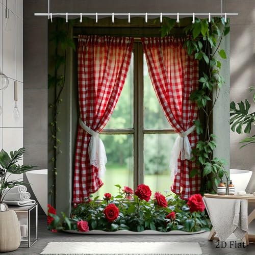Rideau de douche vichy rouge grand format 160x190 décor végétation