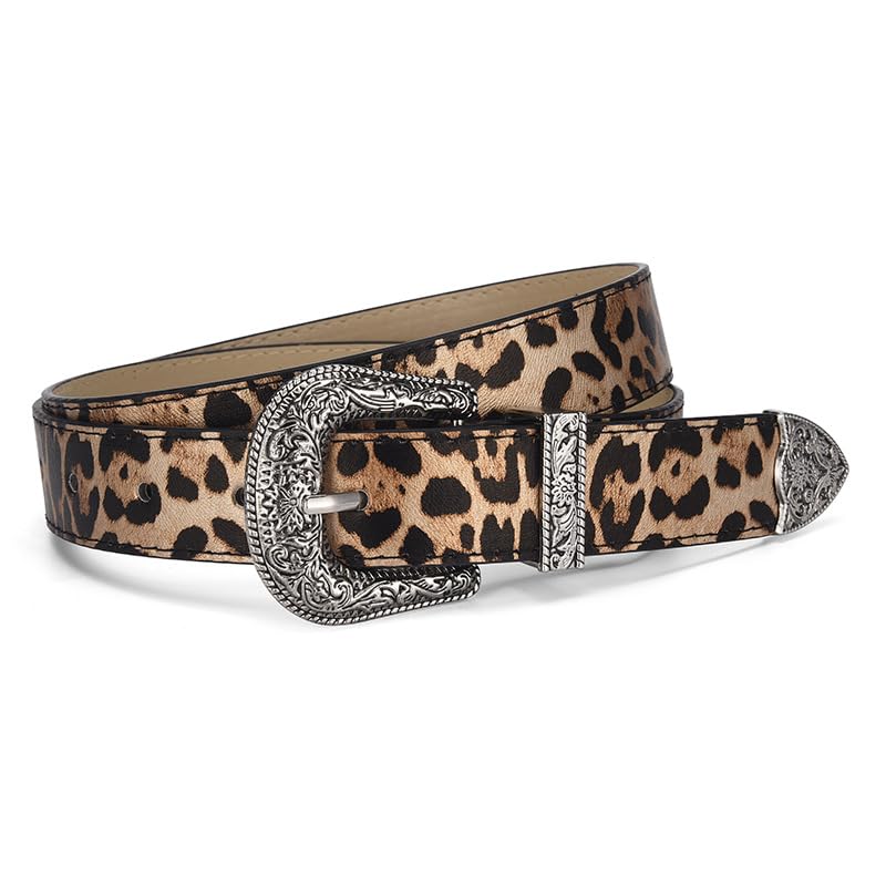 Xiao Hua Unisex Classic Leather Jean Belt with Vintage Ornate Buckle, 46.45in(118cm) Length, Ideal for Daily & Casual Wear(leopard print coffee