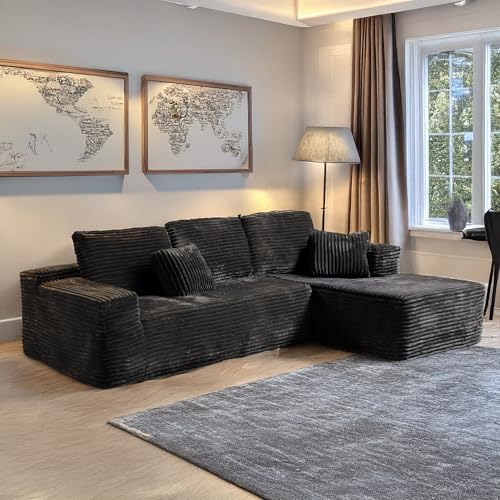 MN Furniture NO ASSEMBLY REQUIRED L-Shaped Corner Sofa | Left or Right Facing Chaise | Comfort & Lazy Seating Design with Back Cushions and Neck Rest (Black, Right Corner)