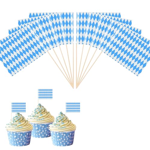 Bayern Oktoberfest Zahnstocher Flaggen, Blau/Weiß Zahnstocher Flaggen Cake Deko, Oktoberfest Deko Sandwich Cupcake, Bayrische Toppers Deko Cocktail Obst Geschirr, für Party Pub Decor (100 Stück)