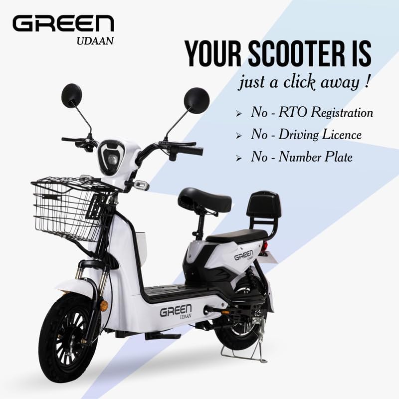 Image of Green Udaan Low Speed Electric Scooter Non RTO 80KM Range Lithium Battery with Portable Charger (White)