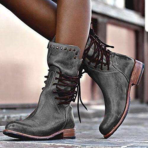 JITUUE Mid Calf Boots for Women Autumn Winter Fashion Block Low Heel Lace up Combat Riding Shoes High Booties Zipper Side Boots2