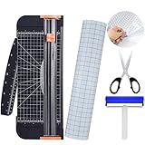 HIRALIY Clear Vinyl Transfer Paper Tape Roll 12' x 50 Feet with A4 Paper Trimmer Cutter, Brayer Roller & Scissor, Transfer Tape for Silhouette Cameo, Cricut Adhesive Vinyl for Decals, Signs, Windows