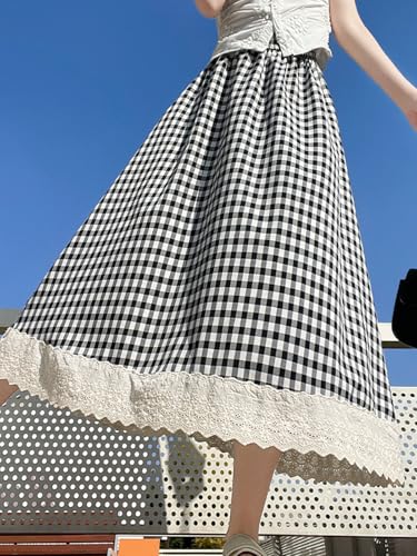 Women's High Waist Casual Plaid Gingham Skirt Lace Eyelet Ruffle Hem A Line Maxi Skirt3