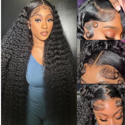 Image of 32 Inch 13x6 Deep Wave Lace Front Wigs Human Hair Wigs for Women 200 Density HD Transparent Deep Curly Lace Frontal Wigs Human Hair Pre Plucked with Baby Hair Natural Color