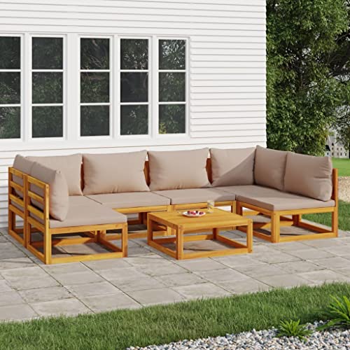 Homgoday Juego de 7 muebles de jardín con cojines de color topo y muebles de jardín, muebles de balcón, sofá de jardín, sofá esquinero, para terraza, balcón, jardín, madera maciza