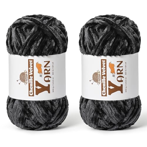 Image of 2 Pack Plush Chenille Chunky Yarn - Fluffy Velvet Yarns Crochet for Blanket Knitting and Crocheting - Soft Baby Yarn for Crocheting - Amigurumi Crochet Yarns 100g (87yds) (2 Carbon Grey)