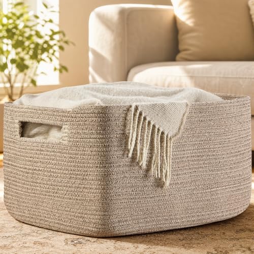 Optish 75L Large Blanket Basket Woven Rope Storage Basket with Handles for Organizing Clothes and Toys for Bedroom Bathroom Nursery Decorative Storage Bin 22 x 17 x 11.5 Brown