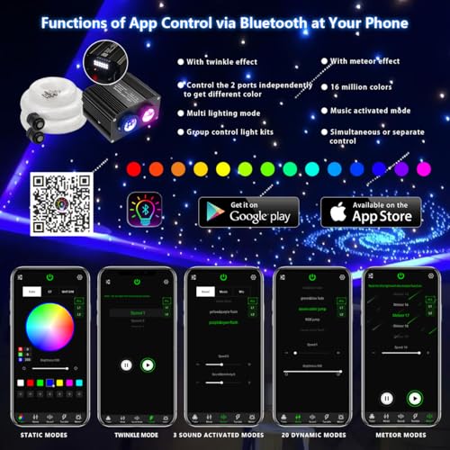 Image of AKEPO 18W Dual Color Twinkle+Meteor All-in-one Fiber Optic Lights, 400pcs*0.03in*9.8ft+240pcs Shooting Star Fibers Remote /APP Starlight Headliner Kit Car Home Music Activated Optical Star Ceiling Kits