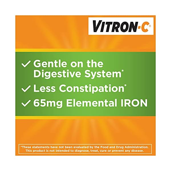 Vitron-C-High-Potency-Iron-Supplement-with-125-mg-Vitamin-C-60-Count Vitron-C Iron Supplement, Once Daily, High Potency Iron Plus Vitamin C, Supports Red Blood Cell Production, Dye Free Tablets, 60 Count