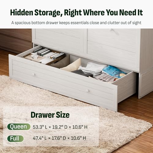 Image of Softa Murphy Bed Full with Drawer, 1200Lb Support, Fold-Down Side Table & Charging Station, Mattress Storage Space, No Box Spring Needed, Space Saving Murphy Bed Cabinet for Guest Room & Home Office