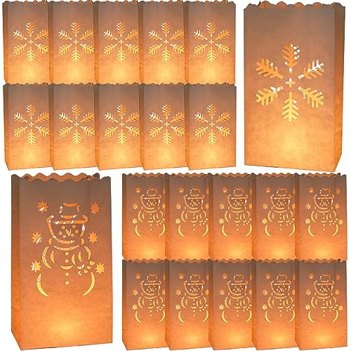 YGCHEN Sac à Bougie Noël Sac en Papier Luminaires Sacs à Bougies Blanc Photophore en Papier Sac à Bougies Flocon De Neige Bonhomme de Neige Motif...