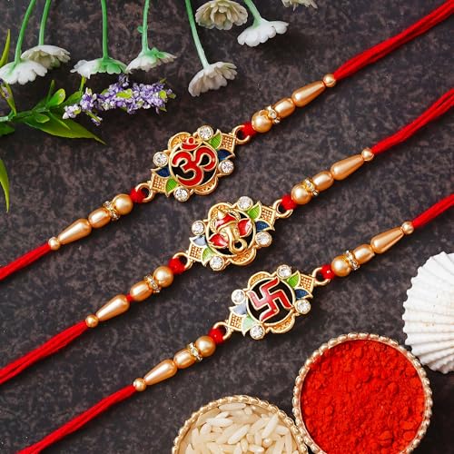 Image of eCraftIndia Set of 3 Multicolor Semi Precious Designer Rakhis for Brother Bhaiya Bhai | Roli Chawal Pack