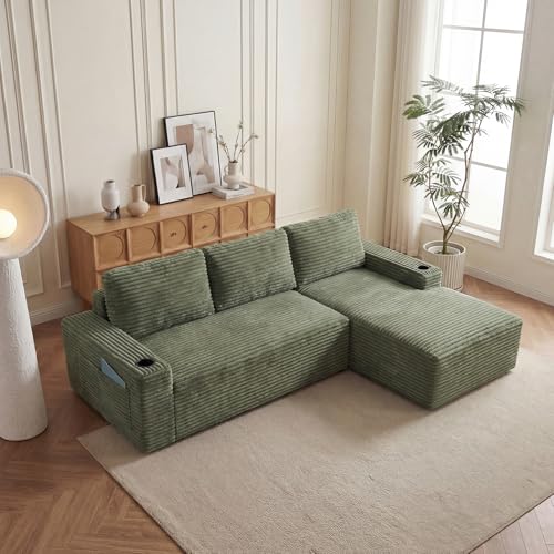 Image of 104 inch L Shaped Boneless Sectional Couches for Living Room, Comfy Corduroy Floor Cloud Sofa with Chaise and Cup Holder, Wide Armrest, Deep Seat, Assembly Free, Ideal for Small Spaces, Green
