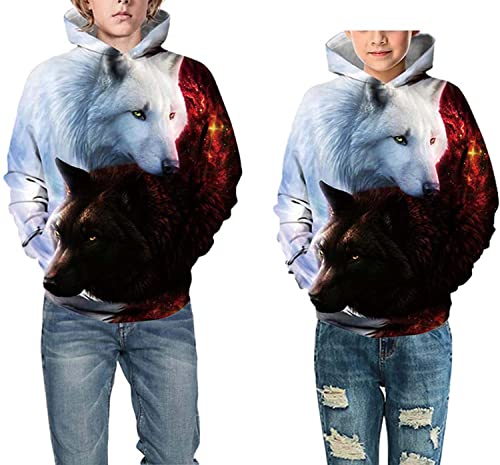 Raincol 3D Print Wolf Cool Pullover Boys Hoodies Funny Sweatshirt Novelty Clothes For Kids Girls Wolf-White L 12-13 Years #TOP2