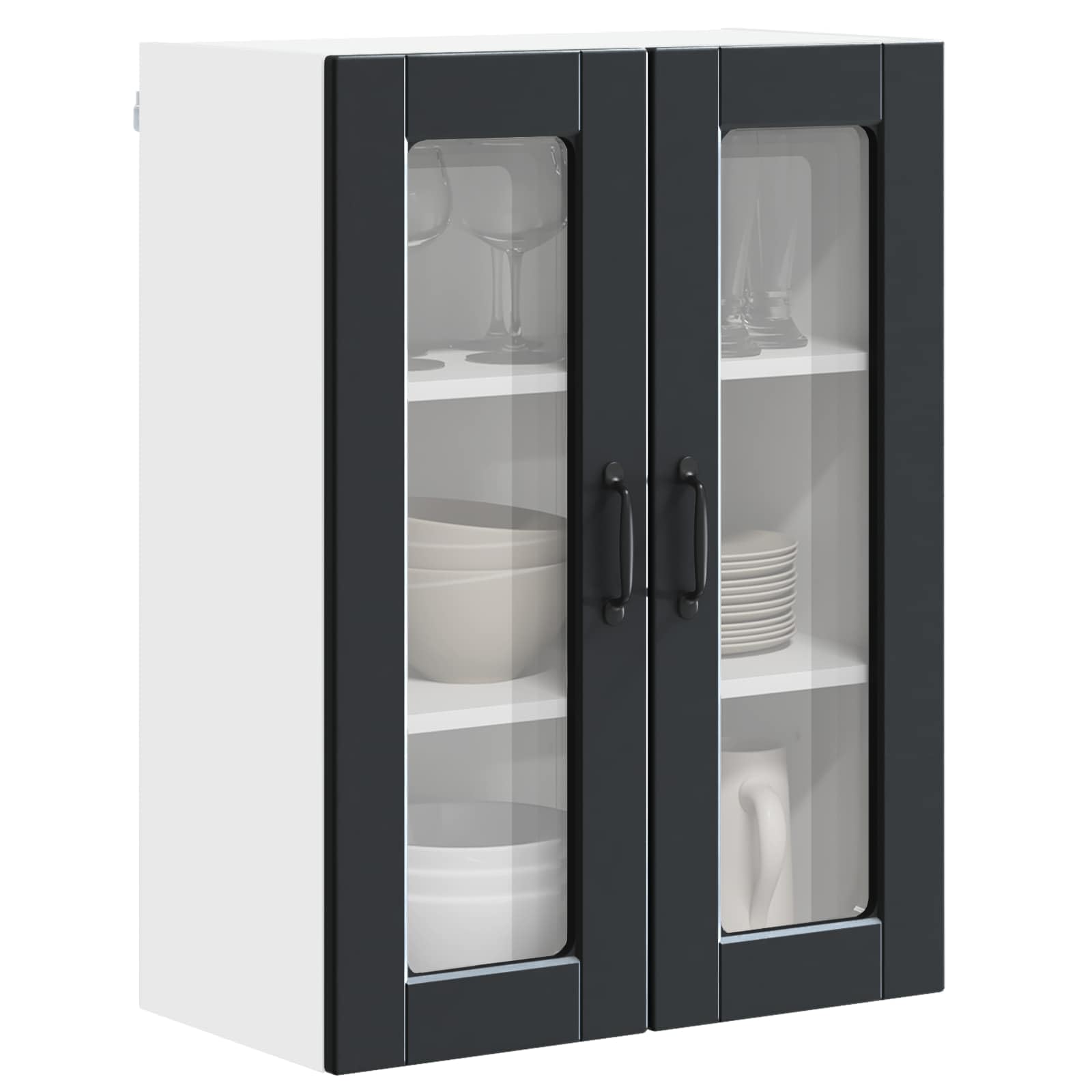 vidaXL Wall Glass Cabinet PORTO Black 60 x 31 x 80 cm Engineered Wood, Modern, Durable Wooden Kitchen Cabinet, Wall-Mounted Storage, Compact Design, Functional Organization, Engineered Wood Furniture