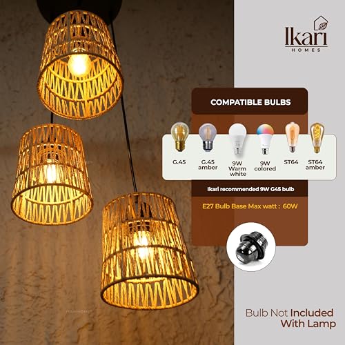 Image of Ikari Homes Rattan Chandelier 3 in1 Pendant Light, Natural Beige, Boho Style, E27 Base, Chandelier for living Room I Dining I Bedroom I Balcony I Adjustable Wire - (Bulbs not included) (Taper Zig Zag)