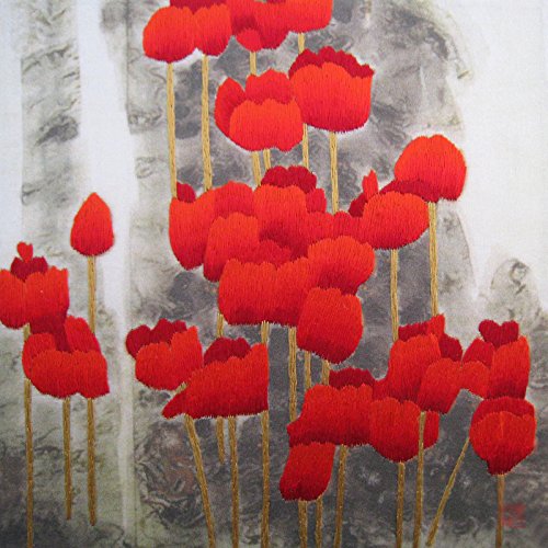 King Silk Art 100% Handmade Embroidery Framed Oriental Wall Hanging Art Asian Decoration Tapestry Artwork Picture Gifts (10: Red Poppy) #TOP1
