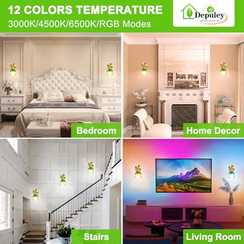 Image of Depuley Battery Operated Wall Sconce: Set of 2 Wireless Wall Lights with Tulip Glass Lampshade for Bedroom - Rechargeable 15 Colors Gold Wall Lamp for Living Room Doorway Home Decor - Green