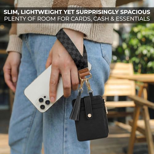 Image of Stylish Wristlet Keychain Wallet for Women, Slim Zipper Credit Card Holder | RFID Blocking Wallet with Clear ID Window, Tassel, Lanyard and Gold Rings - Plenty of Storage in an Easy Carry Design