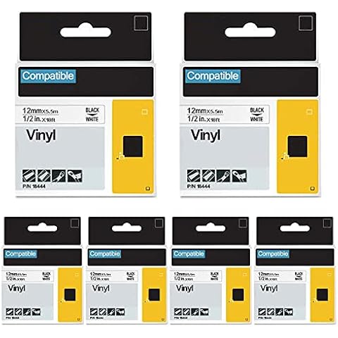 FlyLong Compatible Rhino 4200 5000 5200 6000 3000 Label Tape Replacement for DYMO Rhino 18444 Permanent Vinyl Label Tape 1/2 inch (12mm) x 18 ft, Black on White for DYMO Industrial Label Maker, 6-Pack Cover