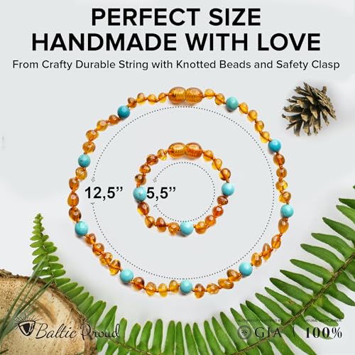 Baltic Proud Amber Necklace and Bracelet Gift Set (Unisex Cognac Turquoise 12.5 Inches/5.5 Inches) - Certified Premium Quality Raw Baltic Sea Amber2