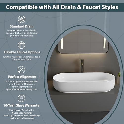 Image of WASSMIST Premium Wash Basin | Designer Ceramic Washbasin | Acid & Fade Resistant Table Top Bathroom Sink (27.56x13.19x5.31 Inch)