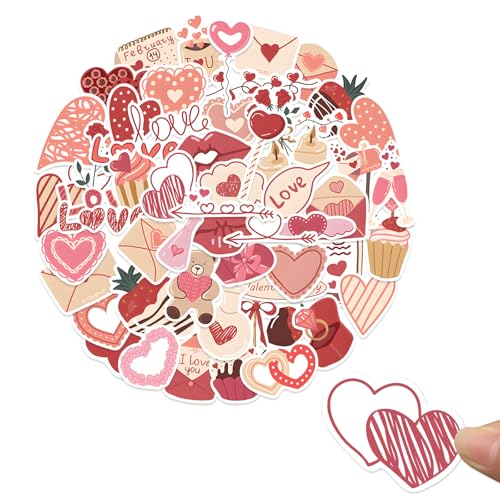 Ruvan 58Pcs autocollants de Saint Valentin, Valentin Amour Autocollants Cœur Rouge Esthétiques, Gommette Imperméable en Vinyle pour Bouteille...