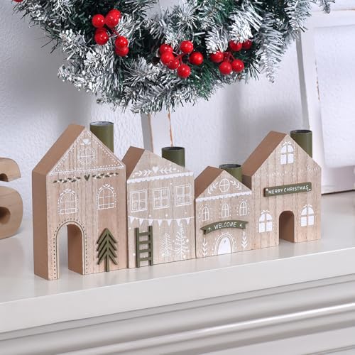 Ovootok Wood Christmas House Decoration, 4PCS Wooden Christmas Village...