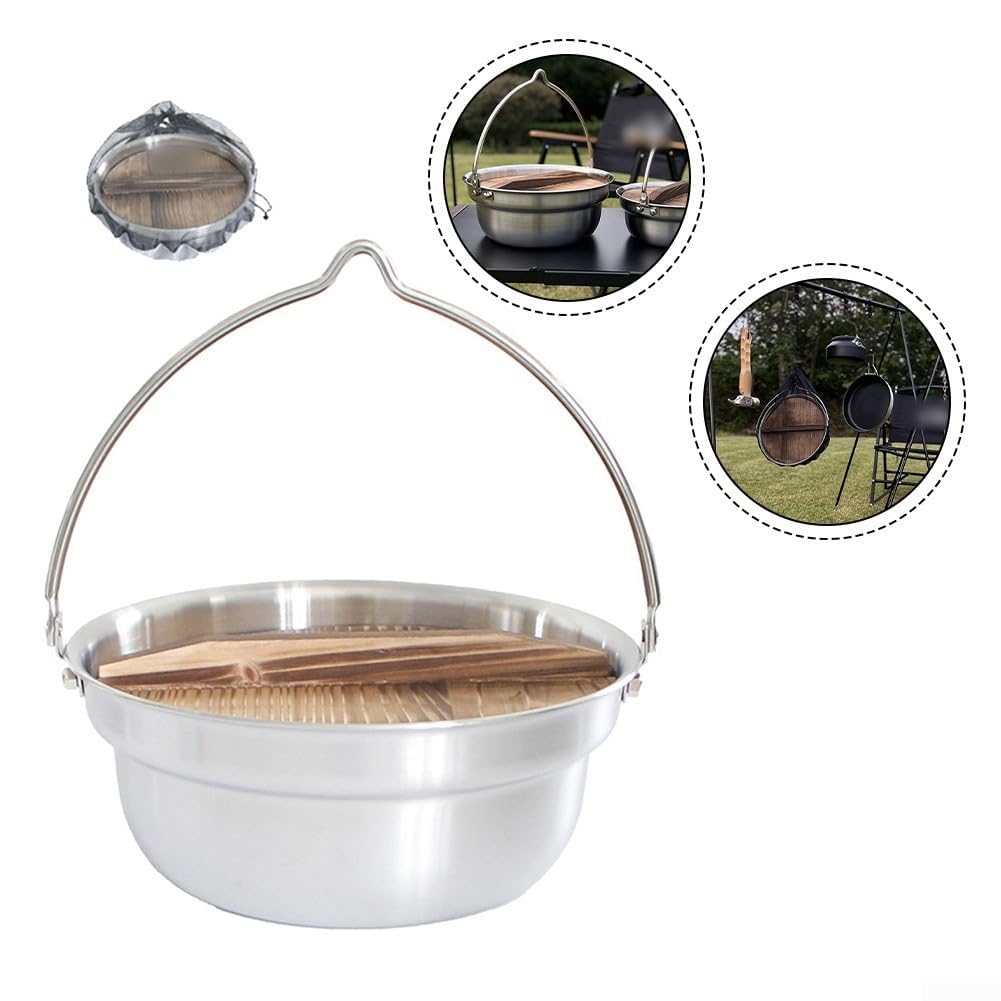 Pentole da campeggio all'aperto a 3 strati in acciaio inox con coperchio in legno di cedro per fornello a induzione da picnic falò