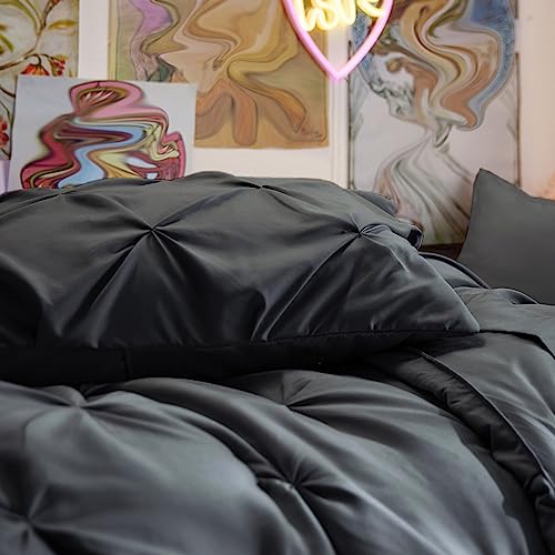 Image of Bedsure Twin Comforter Set Dark Grey - Bed in a Bag Twin Size Bedding 5 Pieces, GentleSoft Pintuck Bed Set Gift for Family, All Season Down Alternative Comforter with Sheets, Pillowcase & Sham