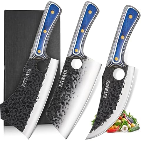 KITNATS 3PCS Butcher Knife Set, Hand Forged kitchen Knife Set-Heavy Duty Bone Chopper Knife & Meat Cleaver Knife & Viking Knife, Chef Knife Set for Home, Outdoor Cooking, Camping BBQ Cover