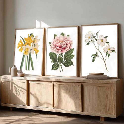 Image of kotart Floral Art Home Decoration | Aesthetic Floral Paintings With Frame For Living Room Bed Room Hotel Wall Decor Digital Reprint Set of 3 (20x30 Inch)