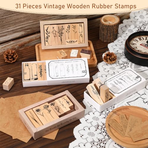 Marspark EN-MARSPARK-2189 31 Pieces Vintage Wooden Rubber Stamps Flower And Plant Decorative Rubber Stamp Set Cute Wood Mounted Stamps Set thumb #1