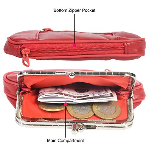 Women's Leather Metal Frame Double Clasp Zipper Coin Purse 5 1/4" X 3 1/4" (Red) #TOP2