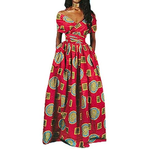Giovacker Women's African Floral Print Dress Dashiki High Waist Long Dress Bohemian Party Cocktail Maxi Dress, Retro Red with Square Circular Pattern, M Cover
