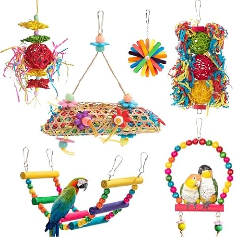 Sirvarni 6 PCS Birds Toys Parakeets Swing Hammock Ladder Hanging Parrots Toy Foraging Shredded Paper Bird Cage Accessories Perches Stand for Cockatiels Conures Budgies Cockatoo Lovebirds Mynah Finches Cover